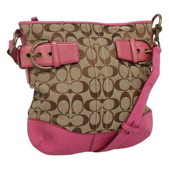 Coach Signature Shoulder Bag Canvas Beige Pink Auth bs24115 - Picture 1 of 16